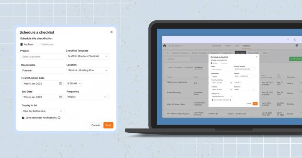managed checklists shown on laptop.