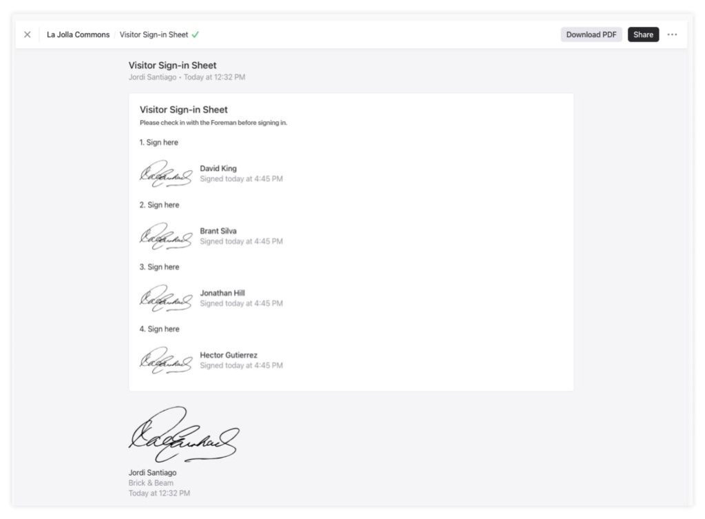 Multi-signature visitor sign in.