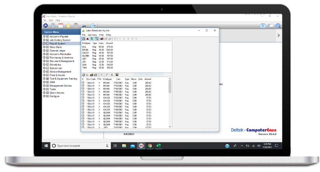 Raken and Deltek + ComputerEase integration on laptop.
