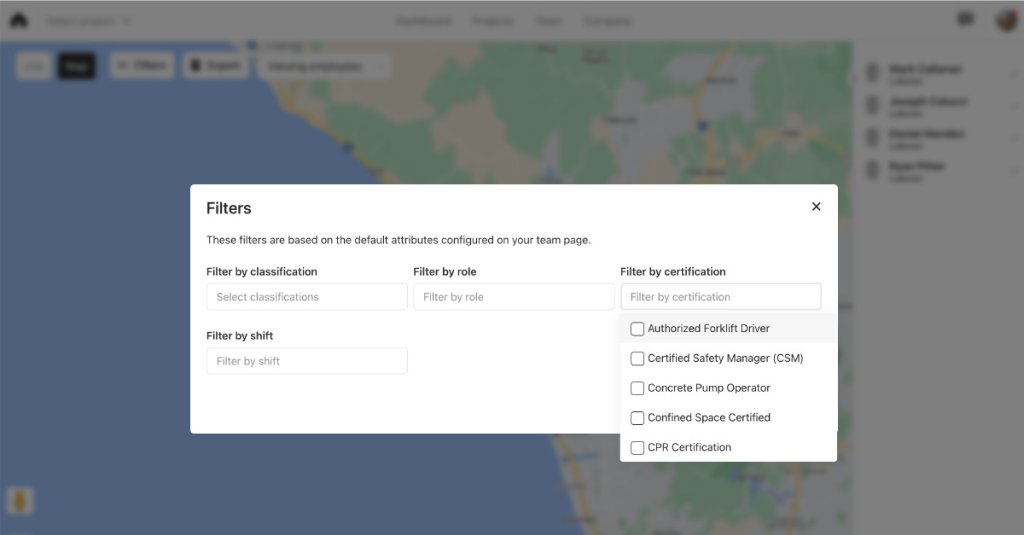 screenshot of labor management filters.