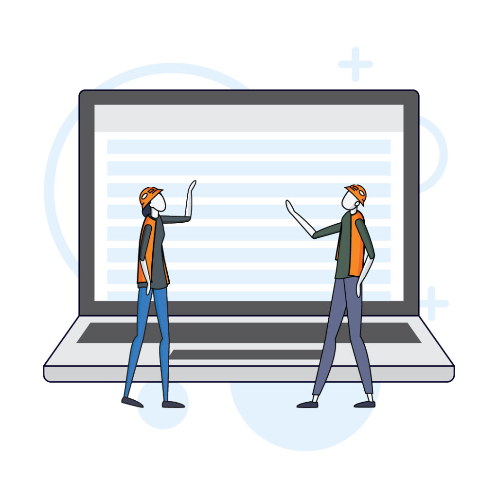 Two construction workers in front of laptop.