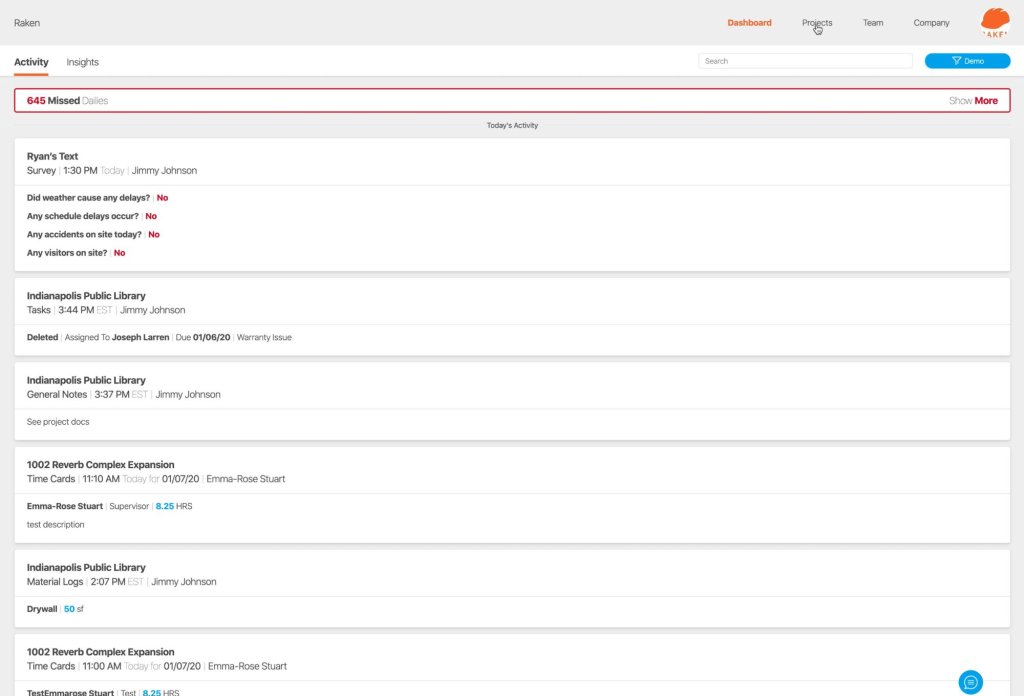 Clicking on projects tab in the Raken web app.