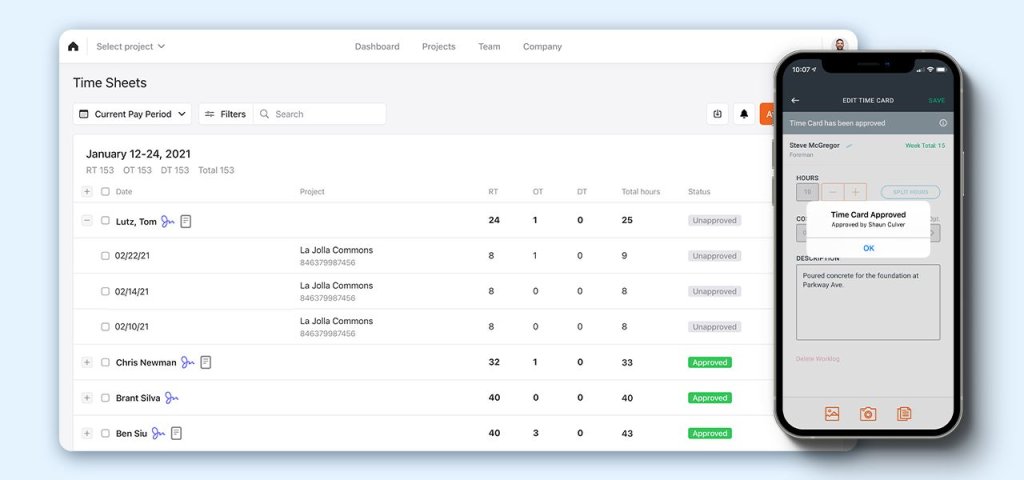screenshot of timesheet approvals in Raken.