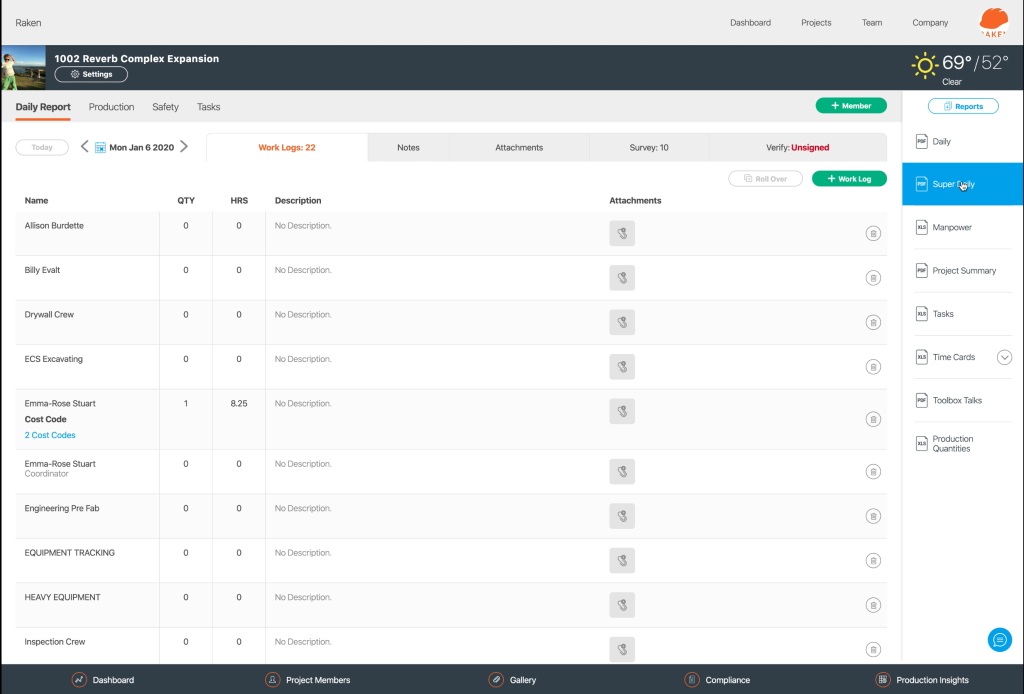 Selecting a super daily report in Raken.