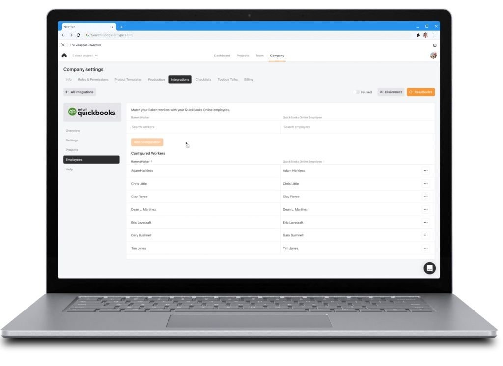 screenshot of raken and quickbooks online integration on laptop.