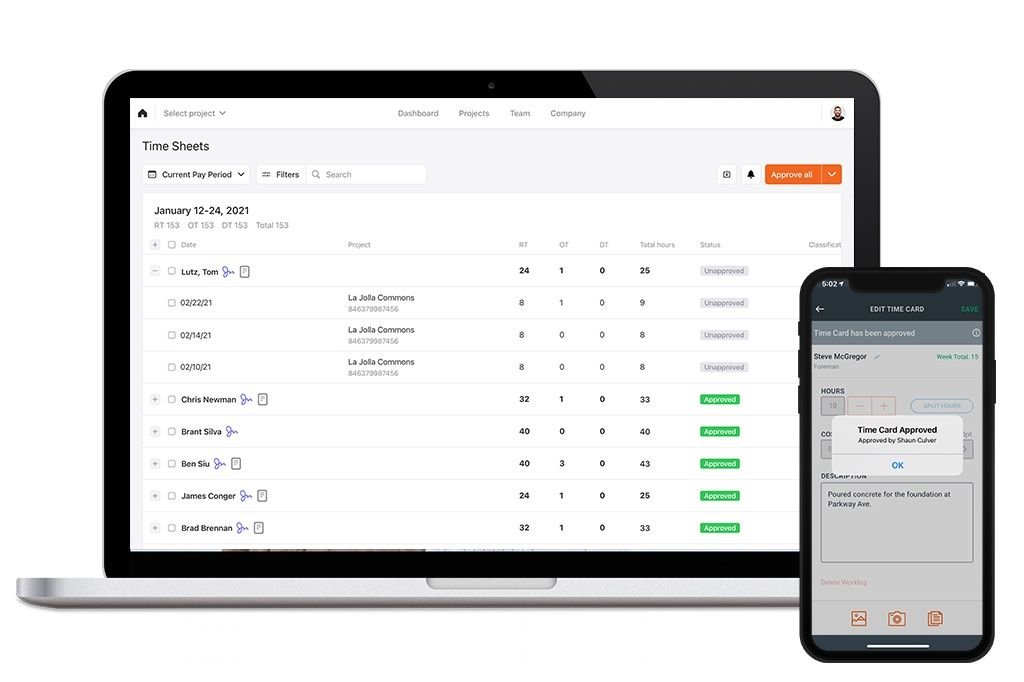 timesheets feature in Raken web app and mobile app.